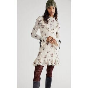 Free People Beige Rose Petal Ruffles Knit Bell Long Sleeve Mini Dress Size S